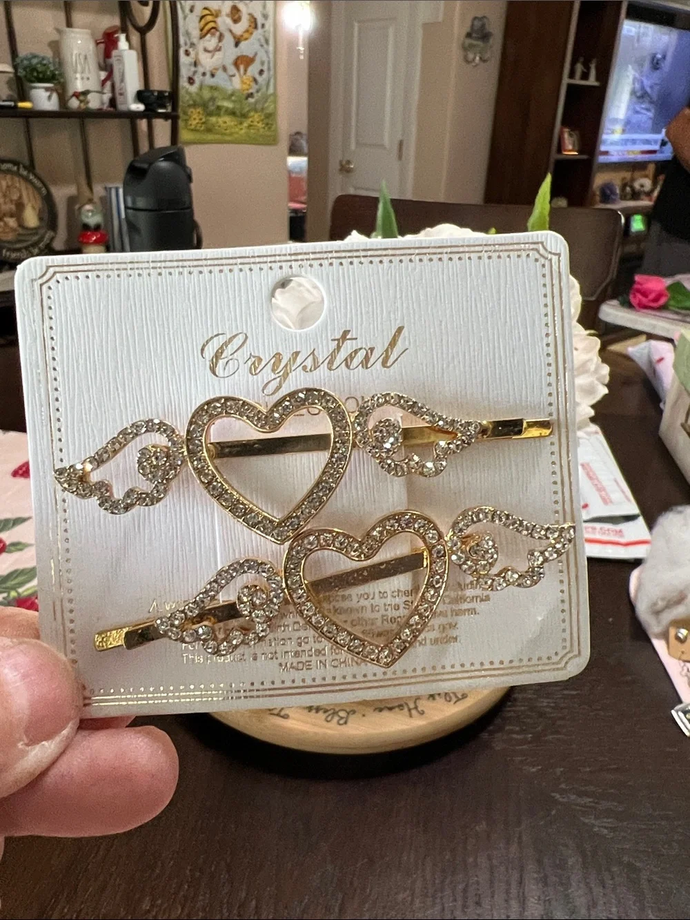 New Gold Heart & Wing Rhinestone Hair Clips - Set of 2